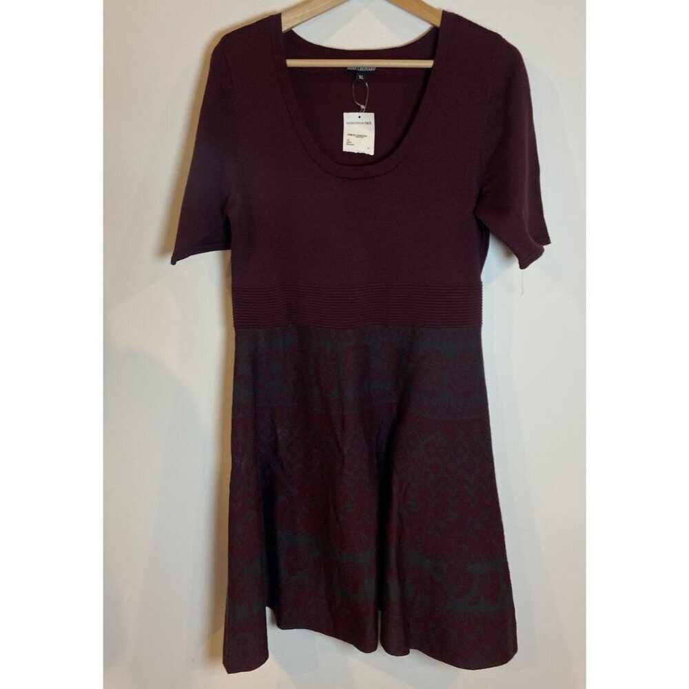 NWT Nina Leonard Dress Fit Flare Sweater Maroon Gray Size Extra Large XL New